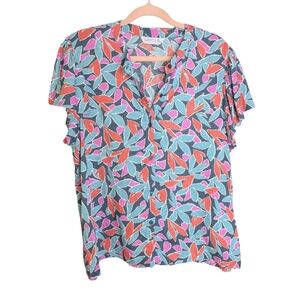 Compania Fantastica Ruffled Short Sleeve Abstract Leaves/Floral Print Shirt